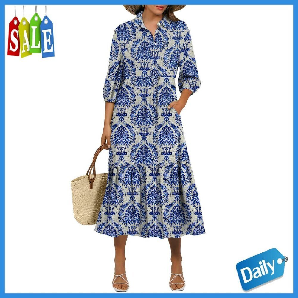 Women's Rayon Maxi Dress with Puff Sleeves and V-Neck
